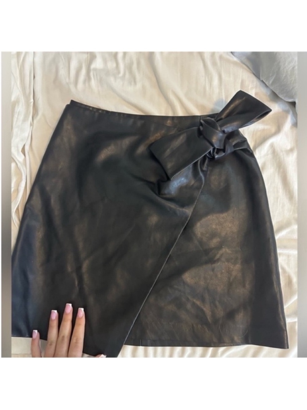 Wilfred Black Faux Leather Wrap Mini Skirt with Knot